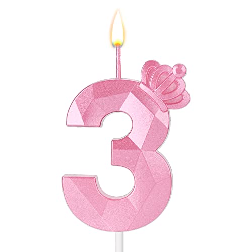 Zahlenkerze, 7,5 cm Geburtstagskerze 3D Tortenkerzen Rosa Krone Geburtstagskerzen für Mädchen Deko für Geburtstag Hochzeit Jubiläum (3) von SAVITA