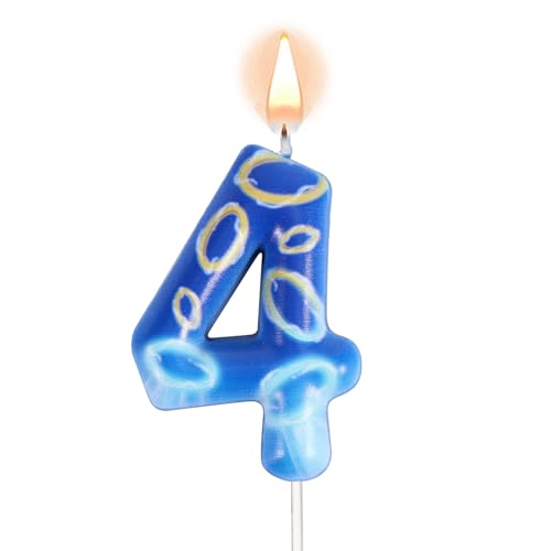 Zahlenkerze, Blaue und Goldene Ringe Geburtstagskerzen Cartoon-Kerzen Anime-Themen-Geburtstagskerze Tortenaufsatz für Partydekoration (Zahl 4) von SAVITA