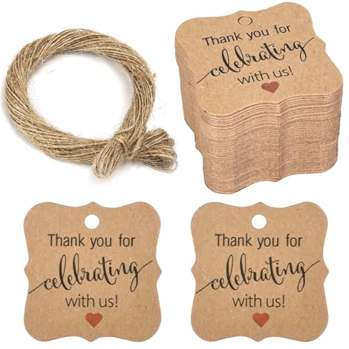 100 Stück Dankeschön Etiketten Anhänger, Thank You for Celebrating with us Kraftpapier Geschenkanhänger, Dankeschön-Anhänger mit 20M Jute Schnur, Dankeschön Anhänger für Hochzeiten, Geburtstage von SAVOSWEET