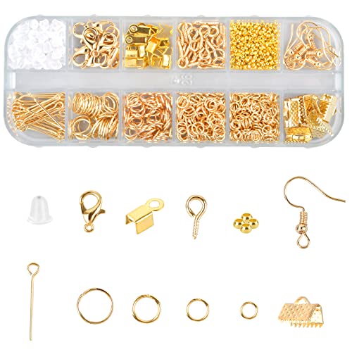 Schmuckherstellung Set, 800 Stk Schmuck Basteln zubehör Starter Kit mit Sprung Ringe und Karabinerverschluss Ohrringhaken usw, für DIY Bastelbedarf und Reparatur Halskette, Armband, Ohrringe (Gold) von SAVOSWEET