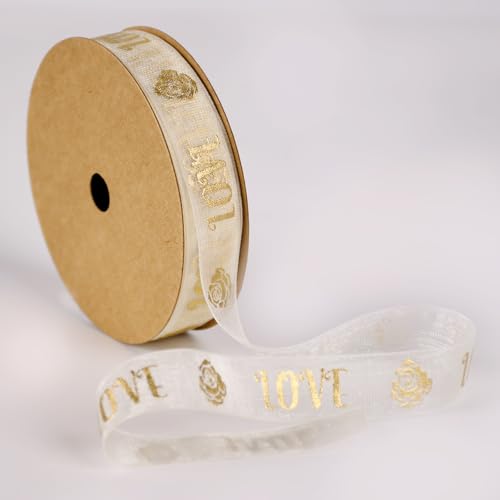 SAYUAN Goldfarbenes Schleifenband mit Liebesaufdruck, durchscheinend, 1,6 cm x 27,7 m, Geschenkband für Valentinstag, Hochzeit, Geschenkverpackung, mit Folienbuchstaben, Weihnachtsfeier-Dekoration von SAYUAN