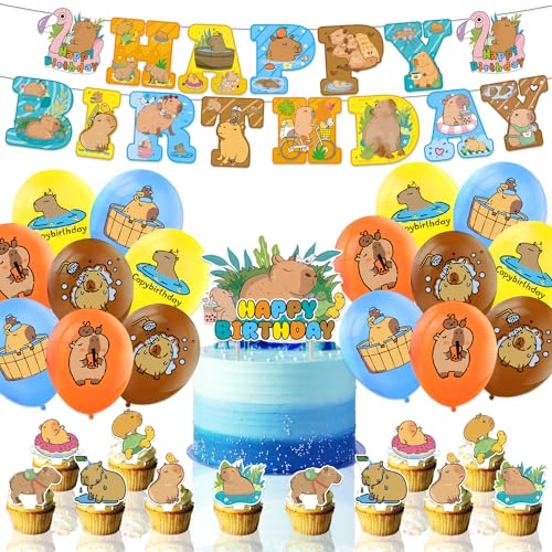 32PCS Capybara Thema Ballons,Capybara Party Dekorationen, Capybara Cartoon Anime Geburtstag Dekoration Set, Happy Birthday Banner, Cupcake Toppers, Tischdecke, Geburtstagsdeko Mädchen Jungen von SBJJGQIS
