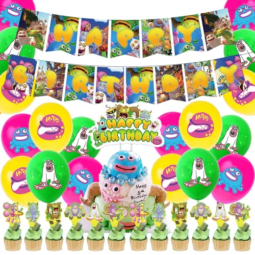 34PCS Monster Thema Ballons,Monster Party Dekorationen, Singing Cartoon Anime Geburtstag Dekoration Set, Happy Birthday Banner, Cupcake Toppers, Tischdecke, Geburtstagsdeko Mädchen Jungen von SBJJGQIS