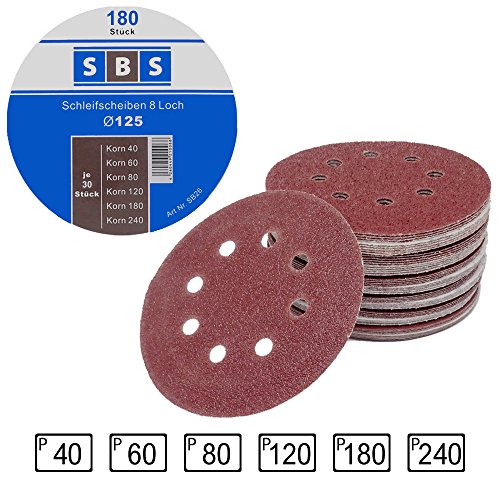 180 Stück SBS Klett-Schleifscheiben Ø 125 mm Körnung je 30 x 40/60/80/120/180/240 für Exzenter-Schleifer 8 Loch 180 Stück SBS Klett-Schleifscheiben Ø 125 mm Körnung je 30 x 40/60/80/120/180/240 für Exzenter-Schleifer 8 Loch von SBS