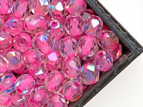 100 Stück Tschechische Facettierten Glasperlen Fire-Polished Rund 4 mm, Crystal AB Pink Lined von SCARA BEADS GET INSPIRED