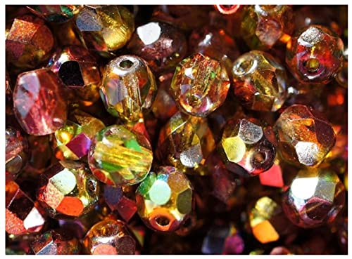 100 Stück Tschechische Facettierten Glasperlen Fire-Polished Rund 8 mm, Magisches Rot-Gelb (Kristall-Zauberapfel) von SCARA BEADS GET INSPIRED