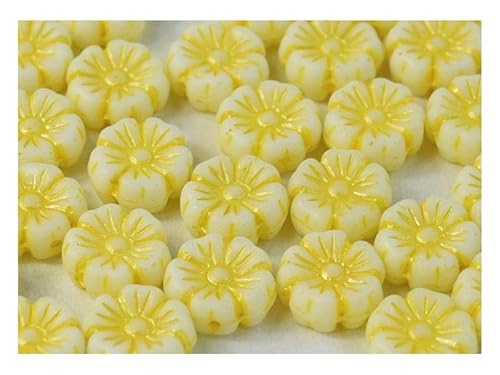 100 pcs Hibiskusblüten Perlen 9mm, Kreideweiß mit gelbem Dekor, Tschechisches Glas (Hibiscus Flower Beads) von SCARA BEADS GET INSPIRED