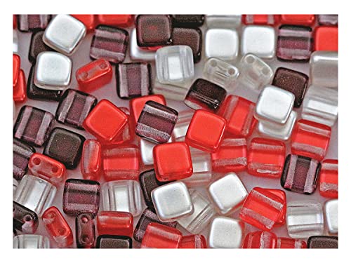 150 pcs Gepresste Glasperlen Tile 6x6x2,9 mm, 2-Loch, Mischen Dunkelrot Weinrot-Orange Elfenbein, Tschechisches Glas (Tile Beads) von SCARA BEADS GET INSPIRED