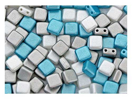 150 pcs Gepresste Glasperlen Tile 6x6x2,9 mm, 2-Loch, Mischen Silber Weiß Aqua, Tschechisches Glas (Tile Beads) von SCARA BEADS GET INSPIRED