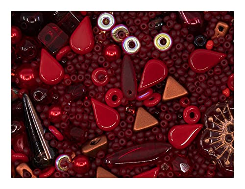 ScaraBeads Mix, 35g, Mischung aus tschechischen gepressten und facettierten Glasperlen in verschiedenen Formen und Größen, Böhmisches Glas, Poppy Field (coral red, crystal, siam, ruby, garnet, matte) von SCARA BEADS GET INSPIRED