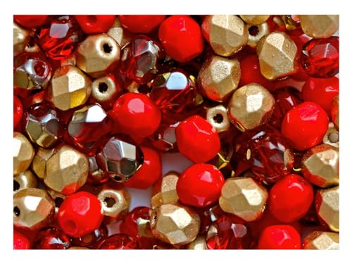 600 Perlen, 3 Farben Mischung aus DREI Farben, Tschechische Facettierten Glasperlen Fire-Polished Rund 4mm, Opak Korallrot, Rubin Valentinit, Aztekisches Gold von SCARA BEADS GET INSPIRED