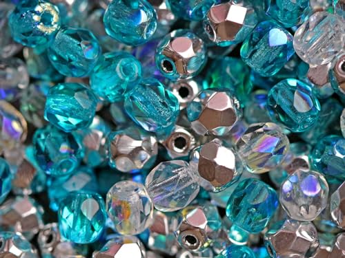 600 Perlen Mischung 3 Farben, Tschechische Facettierten Glasperlen Fire-Polished Rund 4mm, Kristall AB, Dunkles Aquamarin AB, Kristall Voll Labrador von SCARA BEADS GET INSPIRED