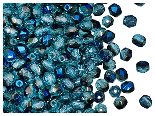 600 Stück Tschechische Facettierten Glasperlen Fire-Polished Rund 4 mm, Aquamarin Azuro (Hellblau Transparent Halb Dunkelblau Metallisch) von SCARA BEADS GET INSPIRED