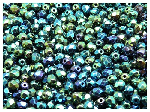 600 Stück, Tschechische Facettierten Glasperlen, Fire-Polished, Rund 4 mm, Jet/Grün Iris (Regenbogengrün Metallic auf Schwarz) von SCARA BEADS GET INSPIRED