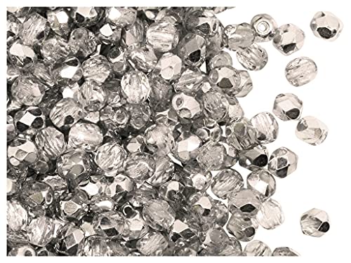600 Stück, Tschechische Facettierten Glasperlen, Fire-Polished, Rund 4 mm, Kristall/Labrador (Halb - Klar, Halb - Metallisches Silber) von SCARA BEADS GET INSPIRED