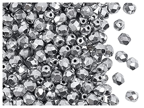 600 Stück, Tschechische Facettierten Glasperlen, Fire-Polished, Rund 4 mm, Kristall/Voll Labrador (Silber Metallisch) von SCARA BEADS GET INSPIRED