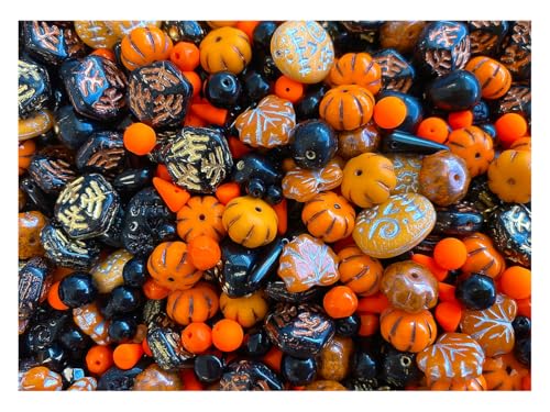 65 g Einzigartige Mischung aus verschiedenen Formen und Größen tschechischer Glasperlen für Schmuckherstellung, Perlen und Perlen-Sortimente. Orange-Schwarz Halloween von SCARA BEADS GET INSPIRED