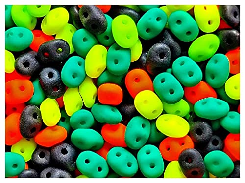 Mix SuperDuo Beads, 2.5x5 mm, 35 g, Mischung aus Tschechischen Press- und Neonperlen mit Zwei Löchervon ScaraBeads, Böhmisches Glas, Schwarz Matt mit Neon-Set (Gelb, Orange, Dunkelgrün) von SCARA BEADS GET INSPIRED