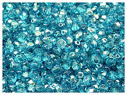 100 Stück Tschechische Facettierten Glasperlen Fire-Polished Rund 4 mm, Aquamarine AB von SCARA BEADS GET INSPIRED