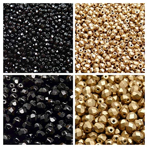 Set aus Tschechische Facettierte Glasperlen Fire-Polished Rund 3mm, 6mm, Zwei Farben: Schwarz und Gold. Insgesamt 300 Stück. Schmuckherstellung Set. von SCARA BEADS GET INSPIRED