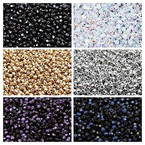Tschechische Facettierte Glasperlen, Fire-Polished, Rund 3 mm. Set – über 600 Perlen-Set mit 3-mm-Armbandperlen in 6 verschiedenen Farben von SCARA BEADS GET INSPIRED