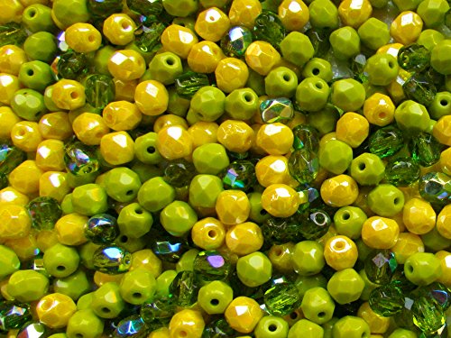 600 Stück Gelb-Grüne Mix aus Facettierten Feuerpolierten Tschechischen Glasperlen rund 4 mm, 3 Lebhafte Farben. Für die Schmuckherstellung. von SCARA BEADS GET INSPIRED