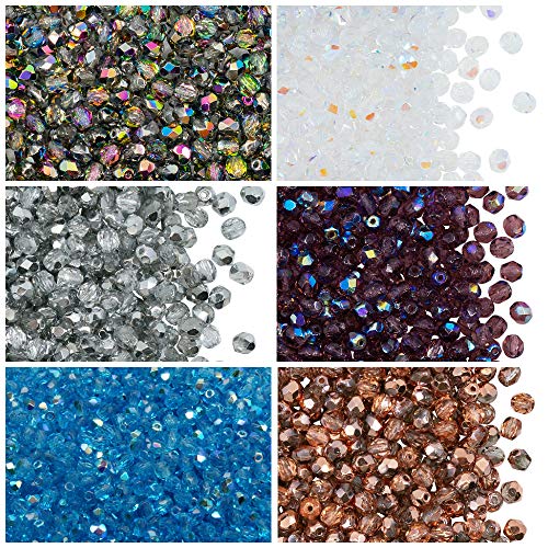 Tschechische Facettierte Glasperlen, Fire-Polished, Rund 4 mm. Set – über 600 Perlen-Set mit 4-mm-Armbandperlen in 6 verschiedenen Farben von SCARA BEADS GET INSPIRED