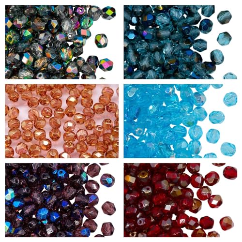 Tschechische Facettierte Glasperlen, Fire-Polished, Rund 6 mm. Set – über 300 Perlen-Set mit 6-mm-Armbandperlen in 6 verschiedenen Farben von SCARA BEADS GET INSPIRED