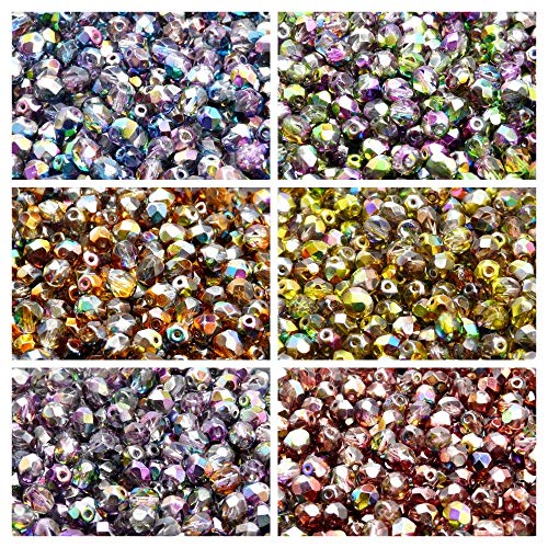 Tschechische Facettierte Glasperlen, Fire-Polished, Rund 6 mm. Set – über 300 Perlen-Set mit 6-mm-Armbandperlen in 6 verschiedenen Farben von SCARA BEADS GET INSPIRED