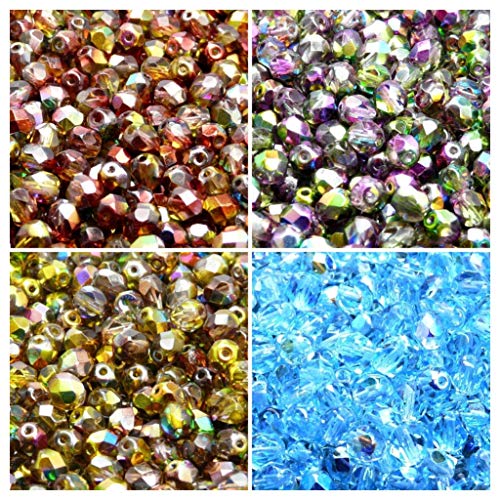 Tschechische Facettierte Glasperlen, Fire-Polished, Rund 6 mm. Vier Farben. Nur 200 Perlen. Set 6S FP 401 (6FP009 6FP014 6FP016 6FP049) von SCARA BEADS GET INSPIRED