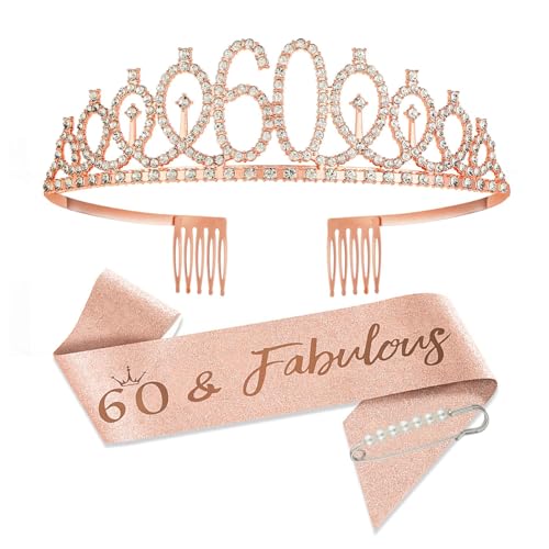 SCBOY 60 Geburtstag Deko 60.ter Geburtstag Frau 60. Geburtstag Frau Rose Gold Krone Tiara und Deko Schärpe für Birthday Decorations von SCBOY