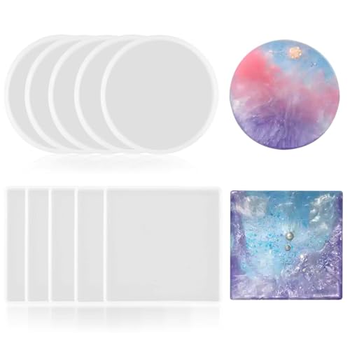 10 Stück runde und quadratische Harzuntersetzer-Form, ungiftige Harzformen für Tassenmatten, Schüsselständer, Untersetzer-Formen für Epoxidharz-Bastler & DIY-Kunstprojekte von SCDZY