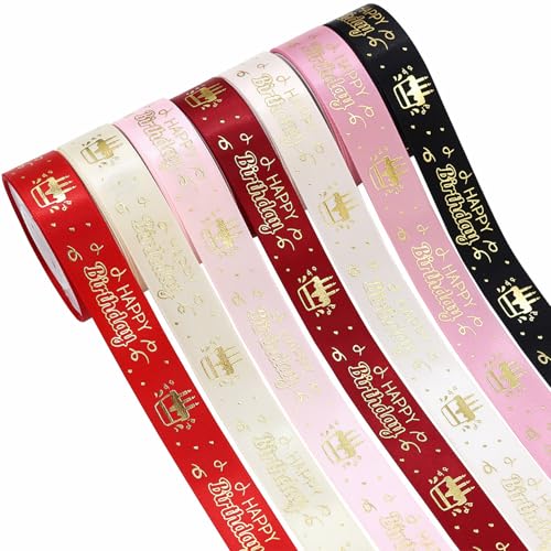 SCECALA 7 Rollen Happy Birthday Band (30 Meter insgesamt) – Gold bedrucktes Polyesterband 1,6 cm für Geburtstagsgeschenkverpackung, Blumensträuße, Bastelarbeiten, Partydekorationen von SCECALA