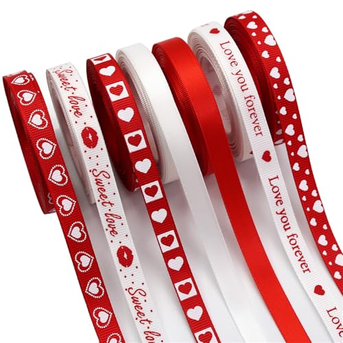 SCECALA 7 Rollen rotes Band (30 Meter insgesamt) – Goldfolienprägung "Love You Forever", Polyester-Herzband, 1,6 cm, für Geschenkverpackungen, Blumensträuße, Bastelarbeiten, Party-Dekorationen von SCECALA