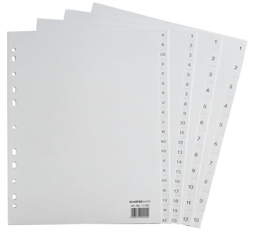 SCHÄFER SHOP Register DIN A4 Überbreite – 31-teilig, Zahlen 1–31 – grau, Kunststoff – für Ordner mit Prospekthüllen – universell gelocht – reißfestes Zahlenregister A4+ von SCHÄFER SHOP