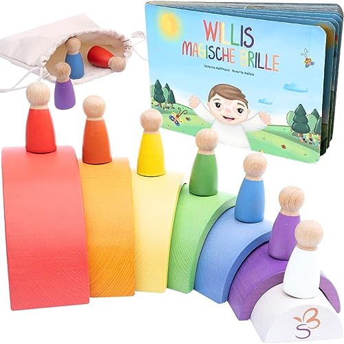 SCHMETTERLINE® Regenbogen-Holz Spiel inkl. Holzfiguren & Vorlesebuch Willis magische Brille – Montessori-Regenbogen Spielzeug für Kinder ab 3 Jahren – Holz-Lernspielzeug mit Regenbogen & Holzpuppen von SCHMETTERLINE