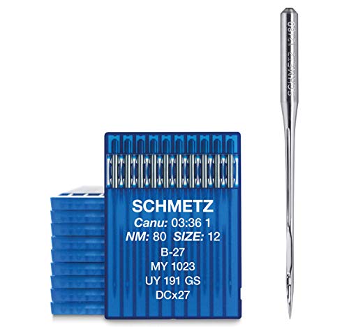 SCHMETZ | 100 Industrienähmaschinennadeln | Rundkolben | B-27, MY 1023, UY 191 GS, DCX27 und RIM 27 | Nadeldicke 80/12 | Hinweis: Überprüfen Sie das empfohlene Nadelsystem in der Bedienungsanleitung von SCHMETZ