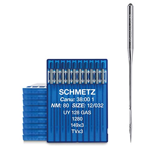 SCHMETZ | 100 Industrienähmaschinennadeln | Rundkolben | UY 128 GAS, 1280, 149X3 und TVX3 | Nadeldicke 80/12 | Hinweis: Überprüfen Sie das empfohlene Nadelsystem in der Bedienungsanleitung von SCHMETZ