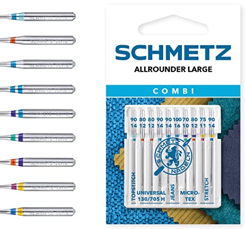 SCHMETZ Combi Allrounder Large | Packung mit 10 Nähmaschinennadeln für verschiedene Materialien | Beliebteste Nadeldicken von SCHMETZ