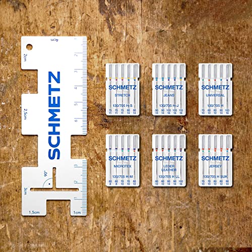 SCHMETZ Maxi Starter-Set mit 30 Nähmaschinennadeln für die gängigsten Materialien | Beliebteste Nadeldicken | Inklusive 1 Saummaß von SCHMETZ