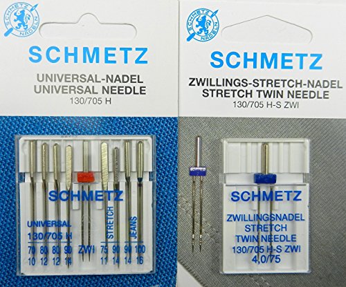 SCHMETZ Nadelsortiment 1x Stretch Zwillings Twin Nadel und 9 Nadeln Stretch/Jeans/Universal/Zw. / System 130/705 von SCHMETZ