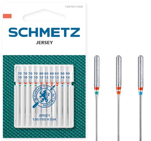 SCHMETZ Nähmaschinennadeln | 10 Jersey-Nadeln | 130/705 H SUK | Nadeldicken: 4x 70/10, 4x 80/12 und 2x 90/14 | auf allen gängigen Haushaltsnähmaschinen einsetzbar von SCHMETZ