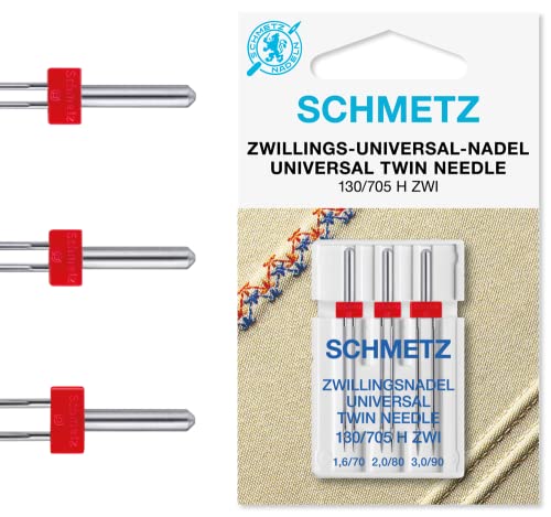 SCHMETZ Nähmaschinennadeln 3 Zwillings-Universal-Nadeln 1,6/70 2,0/80 3,0/90 | 130/705 H ZWI SORT. | Auf allen Haushaltsnähmaschinen mit Zickzack-Funktion einsetzbar von SCHMETZ