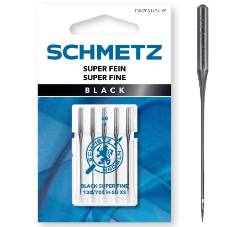 SCHMETZ Nähmaschinennadeln | 5 Black Super-Fein-Nadeln | 130/705 H-SU XS | Nadeldicke 60/8 |Schlanke Nadel mit Antihaftbeschichtung für schonende Verarbeitung empfindlicher, feiner Stoffe von SCHMETZ