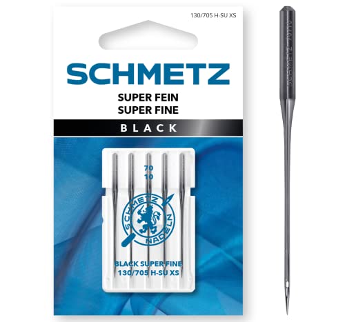 SCHMETZ Nähmaschinennadeln | 5 Black Super-Fein-Nadeln | 130/705 H-SU XS | Nadeldicke 70/10 |Schlanke Nadel mit Antihaftbeschichtung für schonende Verarbeitung empfindlicher, feiner Stoffe von SCHMETZ