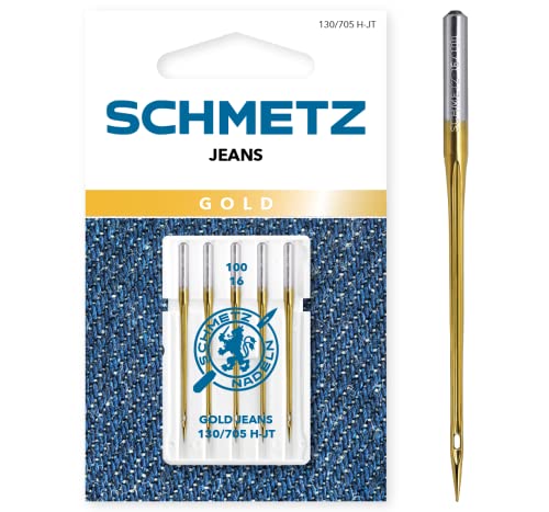 SCHMETZ Nähmaschinennadeln | 5 Gold Jeans-Nadeln | 130/705 H-JT | Nadeldicke: 100/16 | Geeignet für das Vernähen von Jeans und ähnlichen Stoffen | Auf allen gängigen Haushaltsnähmaschinen einsetzbar von SCHMETZ