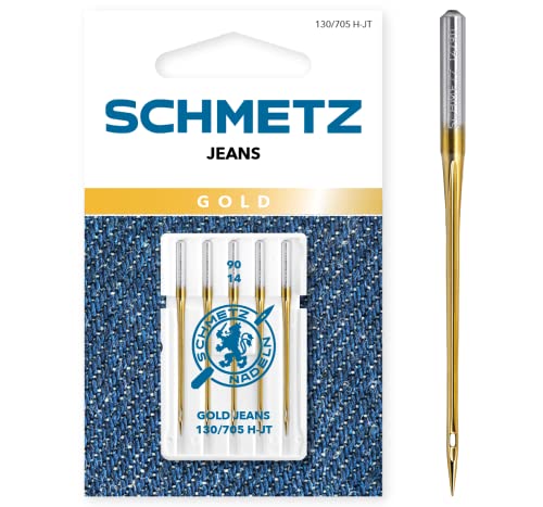 SCHMETZ Nähmaschinennadeln | 5 Gold Jeans-Nadeln | 130/705 H-JT | Nadeldicke: 90/14 | Geeignet für das Vernähen von Jeans und ähnlichen Stoffen | Auf allen gängigen Haushaltsnähmaschinen einsetzbar von SCHMETZ