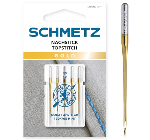 SCHMETZ | 5 Nähmaschinennadeln | Gold Nachstick (Topstitch) | 130/705 H-NT | Nadeldicke 80/12 | auf jeder gängigen Haushaltsnähmaschine und Haushaltsstickmaschinen einsetzbar von SCHMETZ