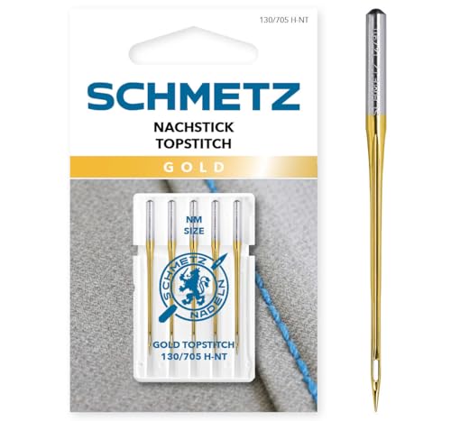SCHMETZ | 5 Nähmaschinennadeln | Gold Nachstick (Topstitch) | 130/705 H-NT | Nadeldicke 90/14 | auf jeder gängigen Haushaltsnähmaschine und Haushaltsstickmaschinen einsetzbar von SCHMETZ