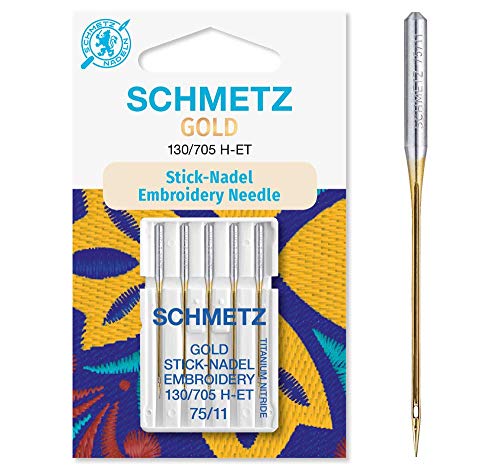 SCHMETZ Nähmaschinennadeln 5 Gold Stick-Nadeln | 130/705 H-ET | Nadeldicke: 75/11| geeignet für das Sticken mit Stickmaschinen und das Nähen mit alle gängige Haushalts-Nähmaschinen von SCHMETZ